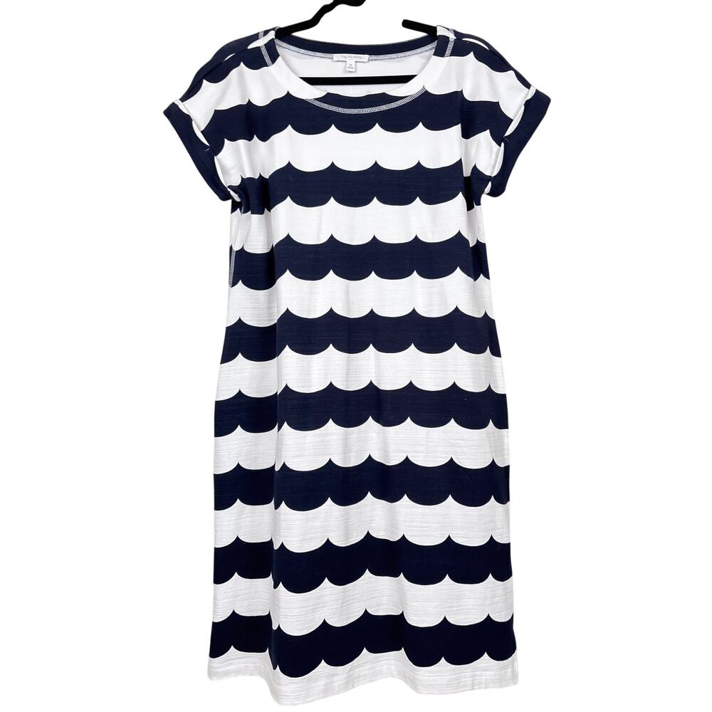 T by Talbots Womens M Blue White Scallop Stripe Knit Midi Dress Cotton Blend NEW